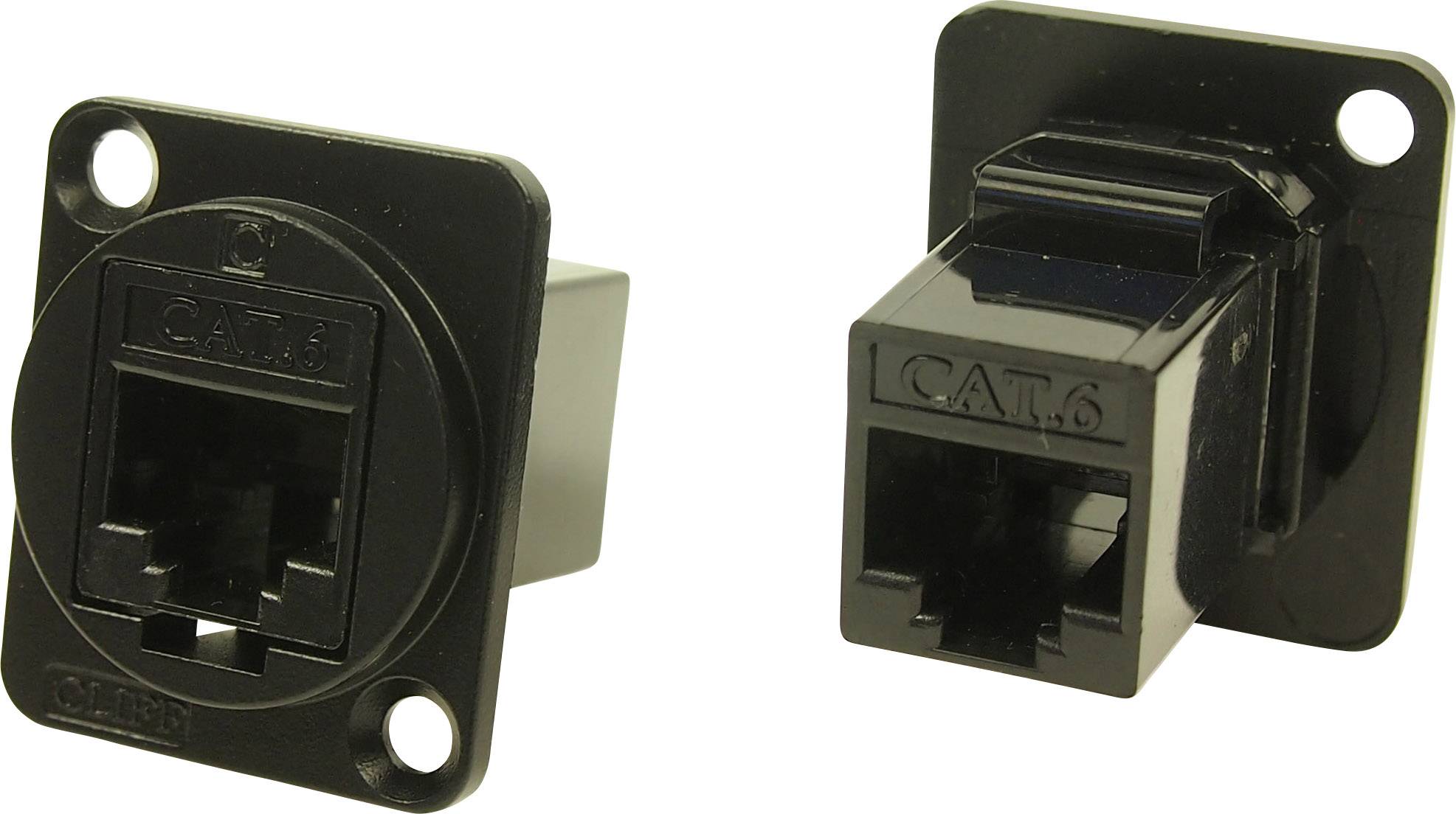 Zwei schwarze CAT.6-Netzwerkbuchsen, eine frontal mit Montageplatte, die andere seitlich. Geeignet für Ethernet-Verkabelungen.