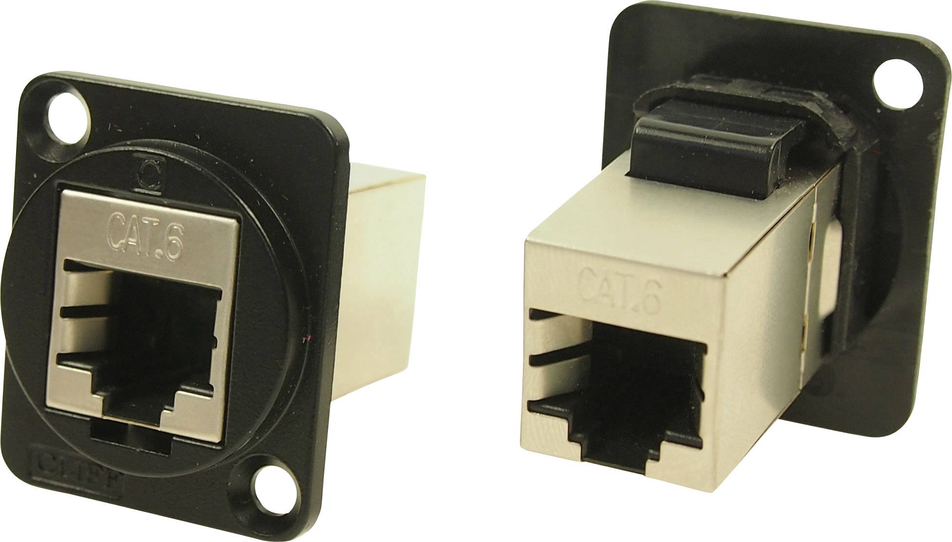 Zwei Netzwerkbuchsen des Typs CAT 6 in schwarzem Gehäuse, die für Ethernet-Verbindungen verwendet werden.