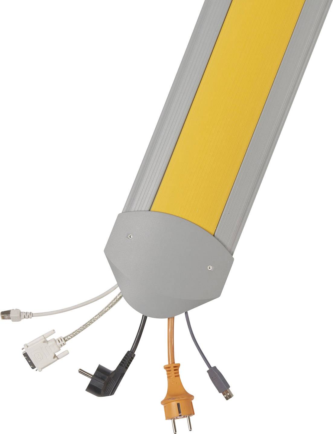 Ein Kabelkanal mit mehreren Kabeln: Netzwerkkabel, VGA-Stecker, Netzstecker und Audiokabel ragen heraus.