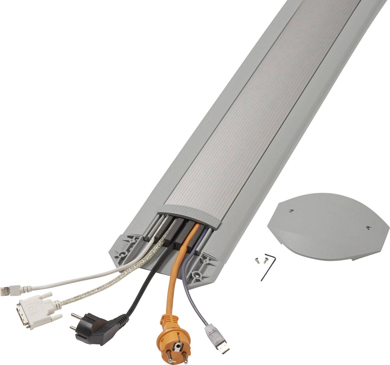 Ein grauer Kabelkanal mit abnehmbarer Abdeckung, aus dem mehrere Kabel unterschiedlicher Art herausgeführt werden.