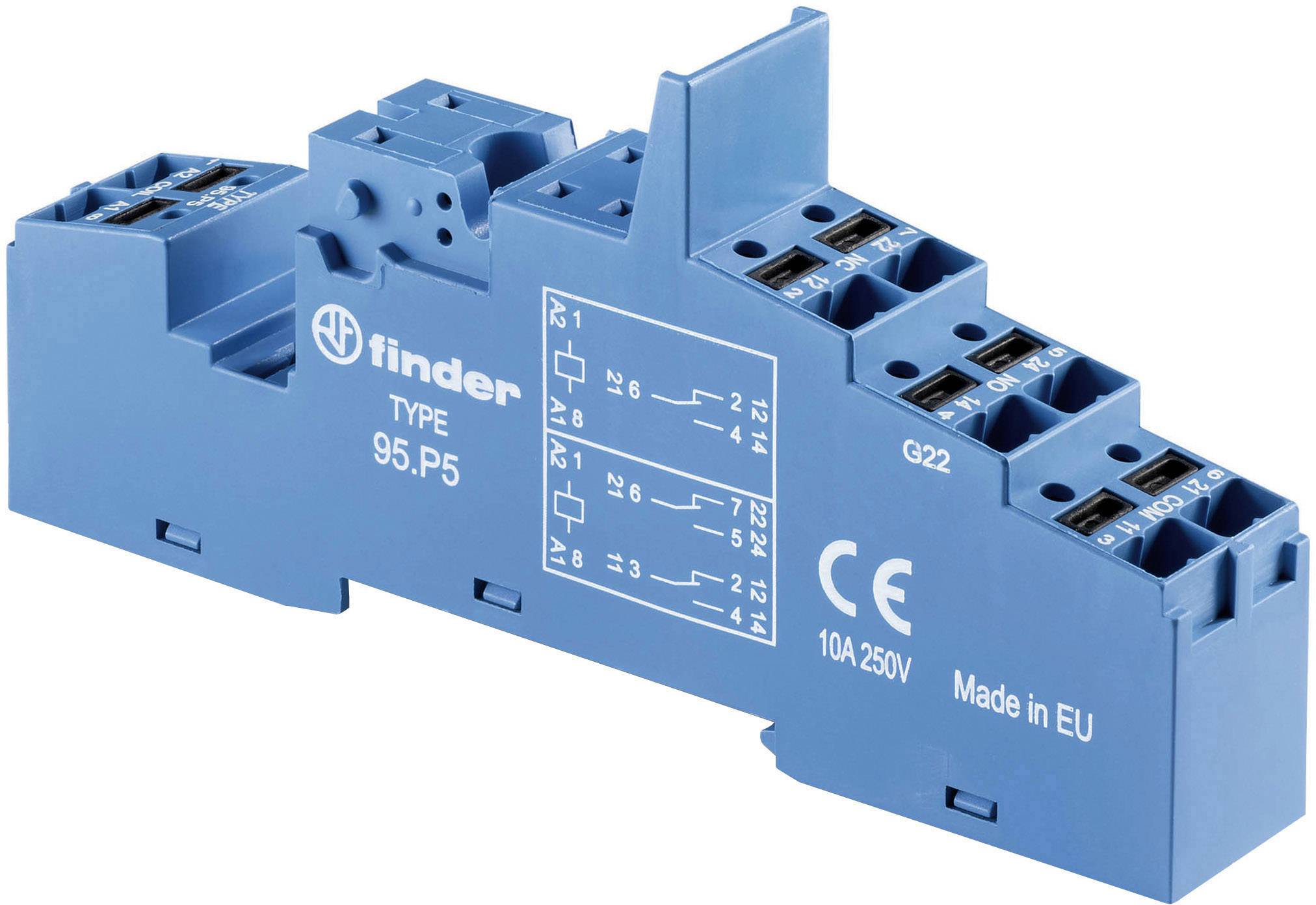 Ein blaues Relais-Sockelmodul mit Anschlussklemmen und technischer Beschriftung für elektrische Schaltungen. Made in EU.