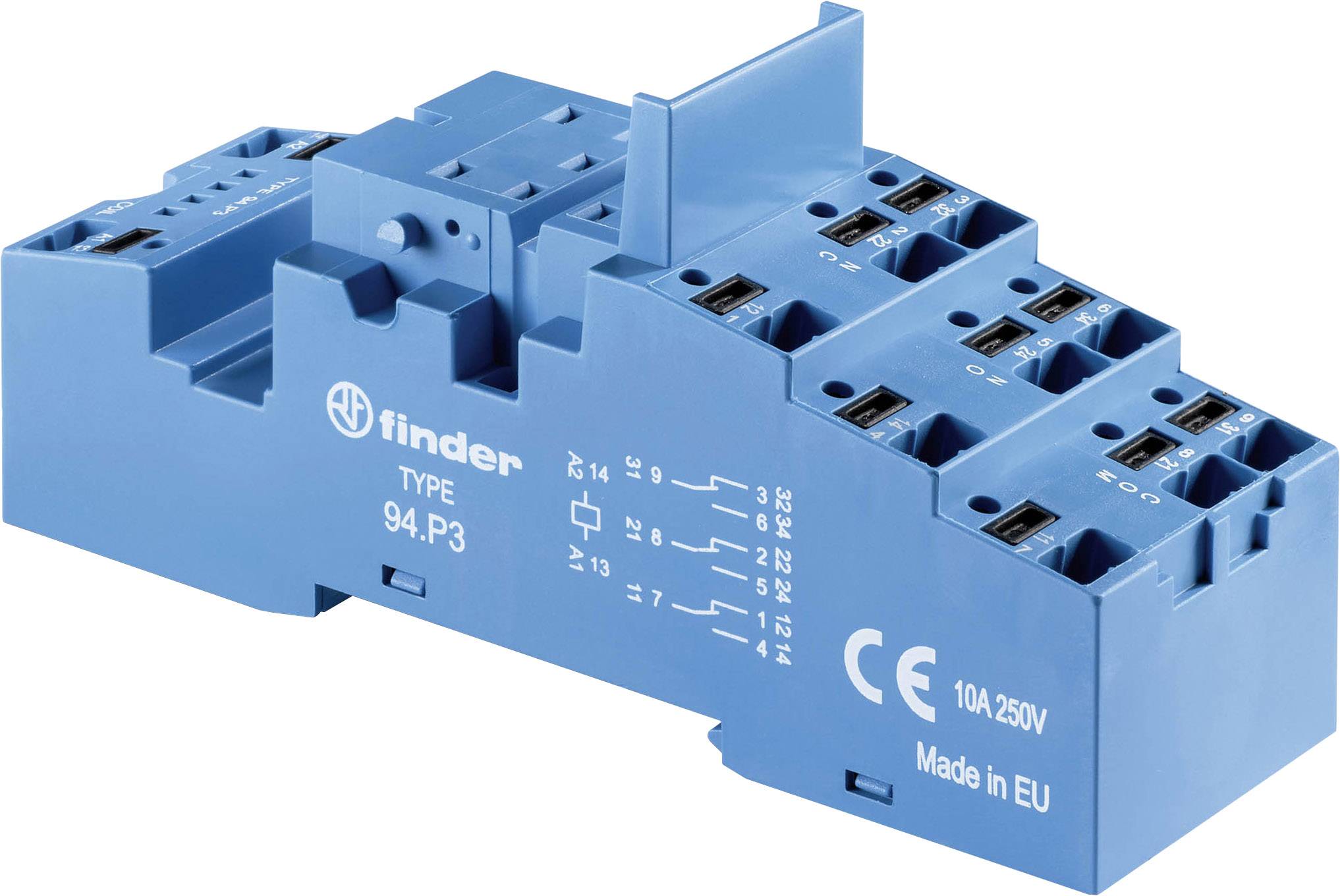 Ein blauer elektrischer Sockel von Finder, Typ 94.P3, mit CE-Kennzeichnung. Anschlussklemmen sind erkennbar. 'Made in EU' ist aufgedruckt.