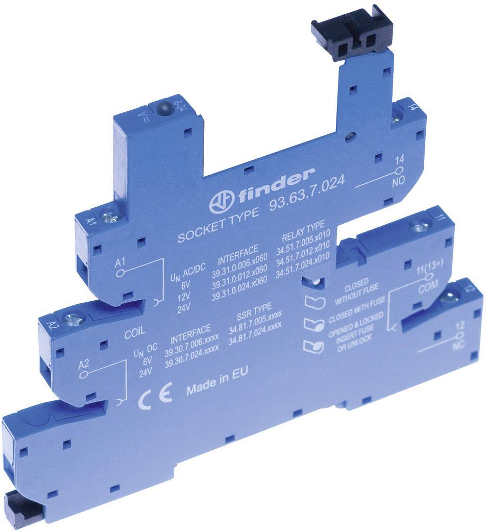 Blauer Steckdosentyp 93.63.7.024 von Finder für Relais; mit Schnittstellenangaben für AC/DC bei 6V, 12V und 24V.