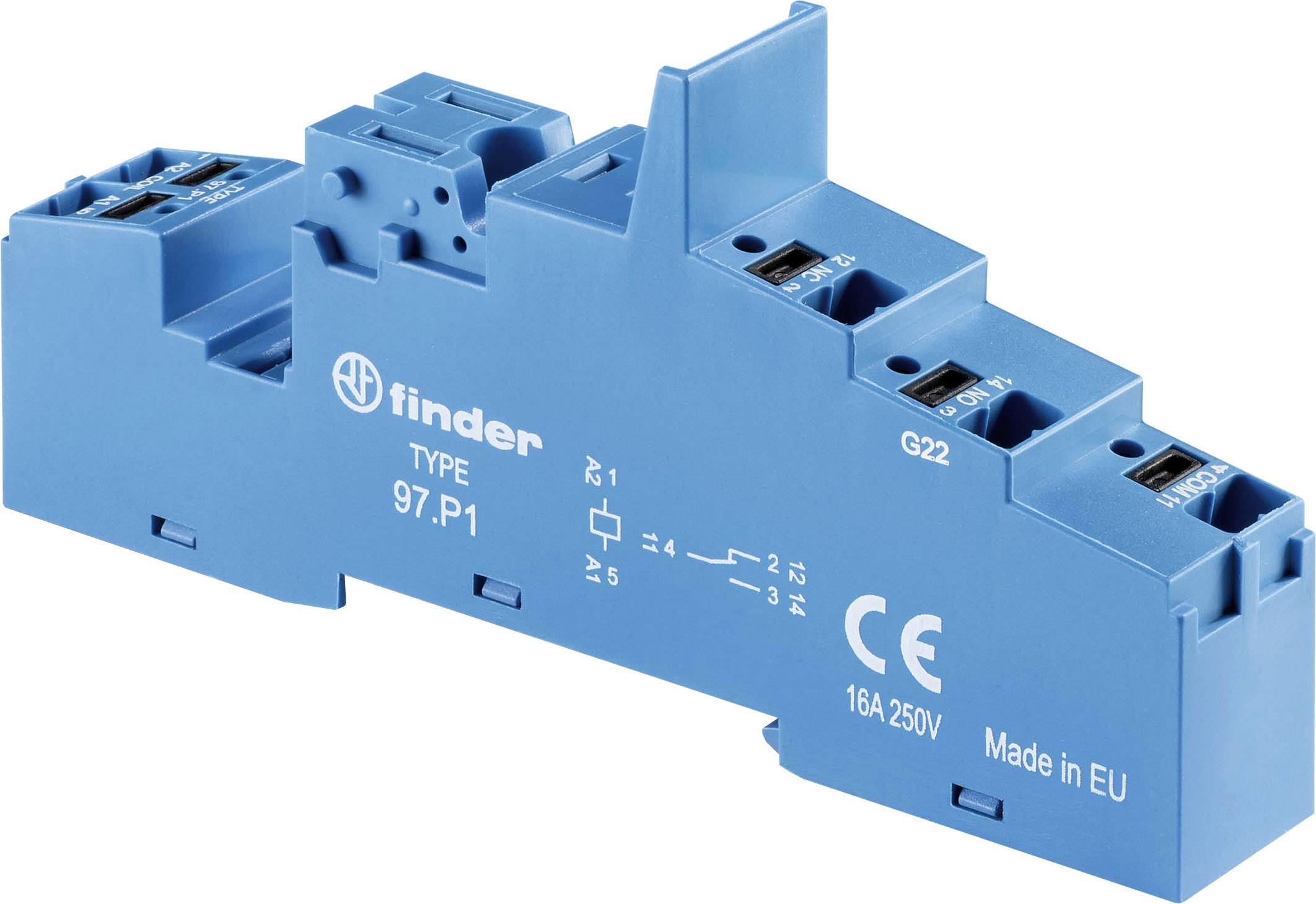 Blauer elektrischer Sockeladapter von Finder, Typ 97.P1, für 16A und 250V. Hergestellt in der EU.