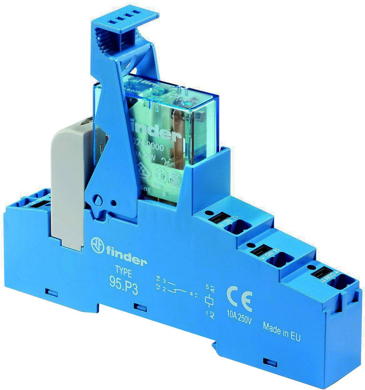 Ein elektrisches Relais in einer blauen Hutschienenfassung, mit Aufschrift 'finder' und CE-Kennzeichnung, hergestellt in der EU.