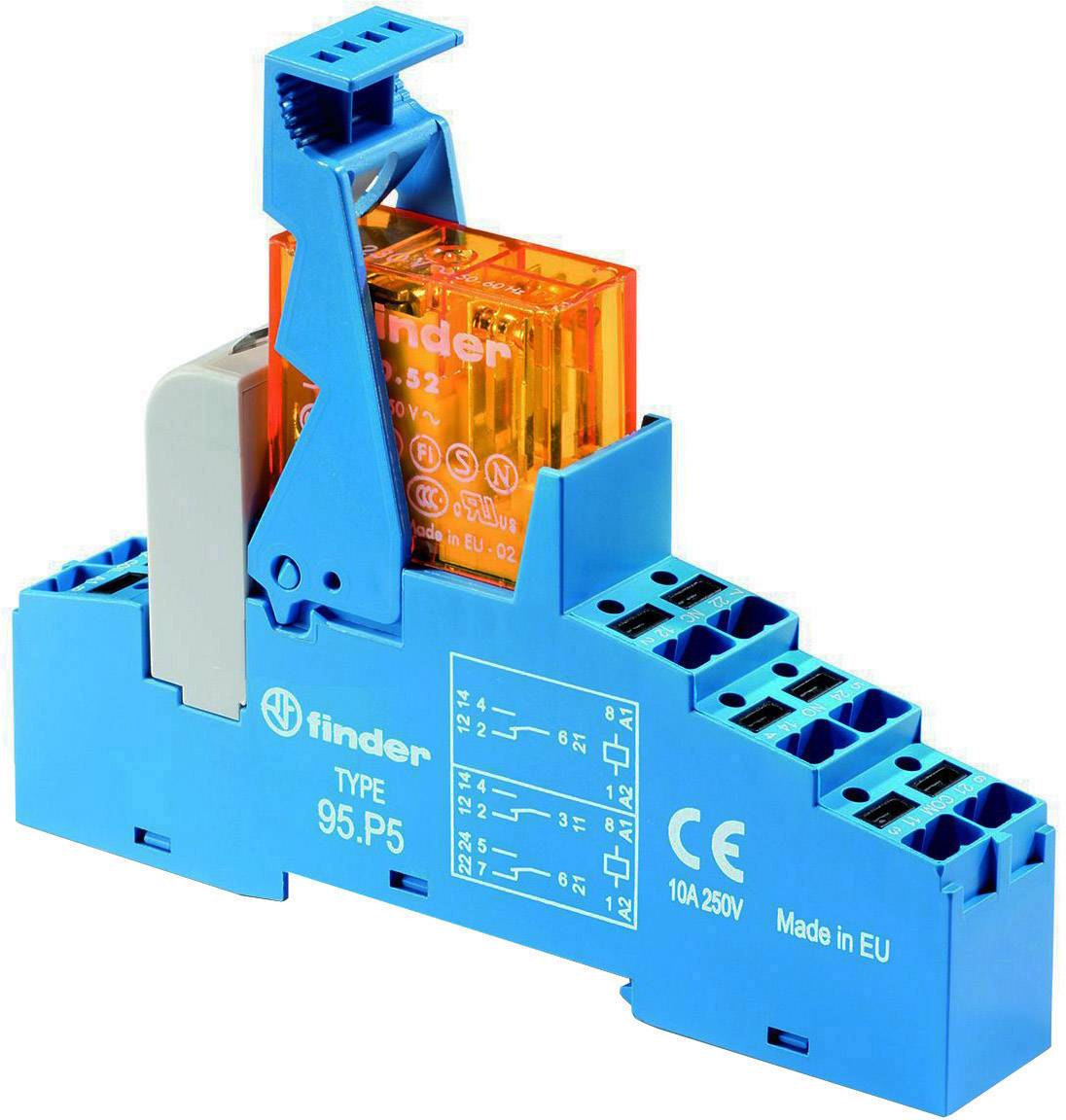 Ein blau-orangenes Finder-Relais, Typ 95.P5, mit CE-Kennzeichnung, 10A 250V, Made in EU. Montierbar auf einer DIN-Schiene.