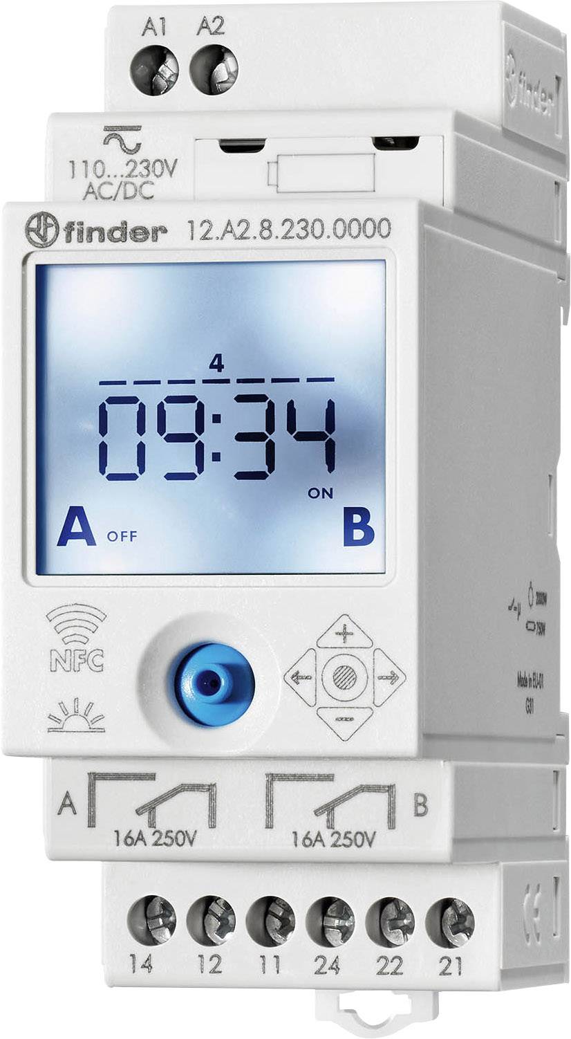 Digitaler Zeitschaltuhr mit LCD-Anzeige, zeigt '09:34', zwei Programme 'A' und 'B'. Markenlogo und Einstellungen sichtbar.