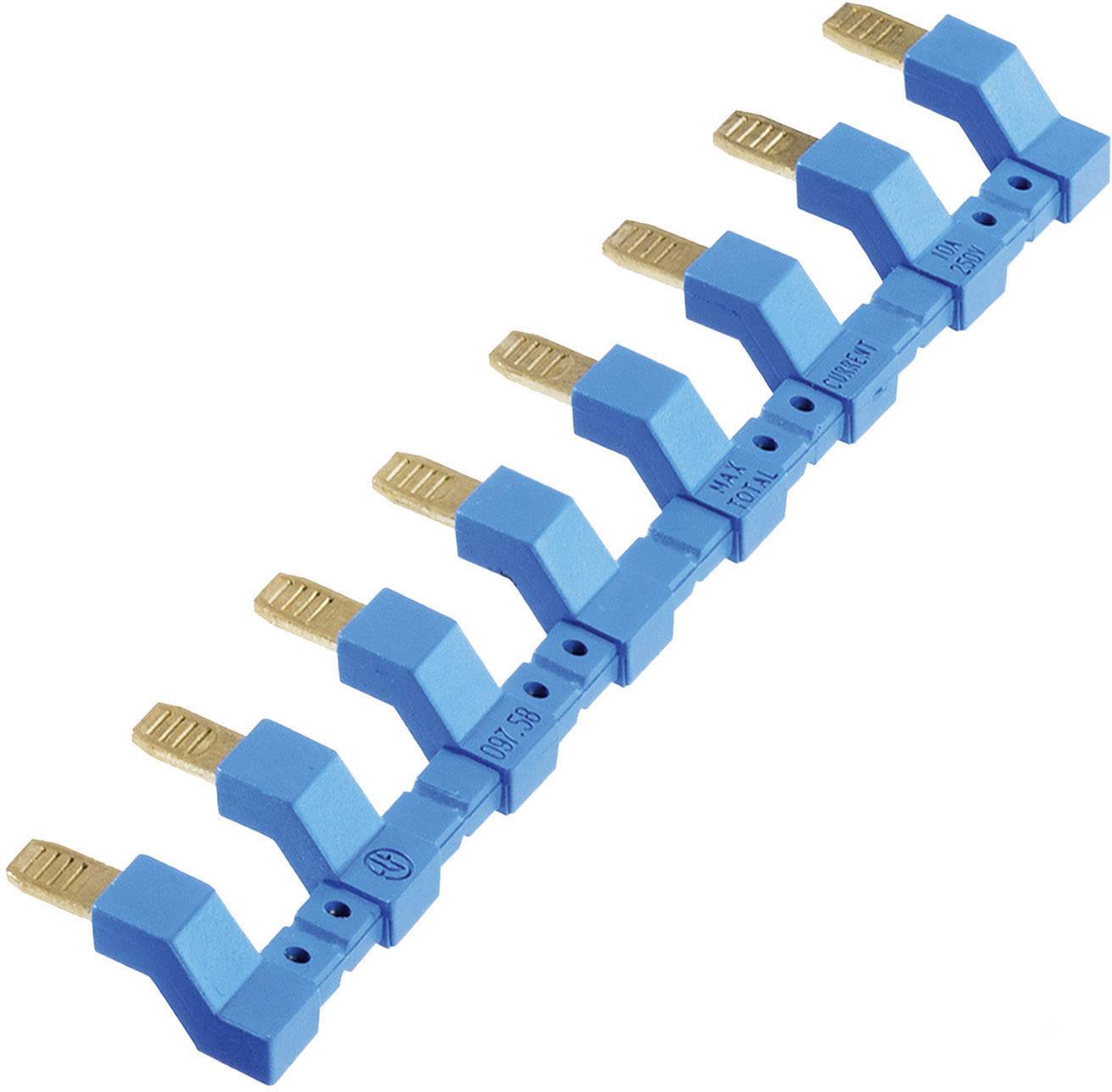 Ein blauer Phasenschienen-Verteiler mit mehreren Kupferklemmen zur Stromverteilung in einer elektrischen Schaltanlage.