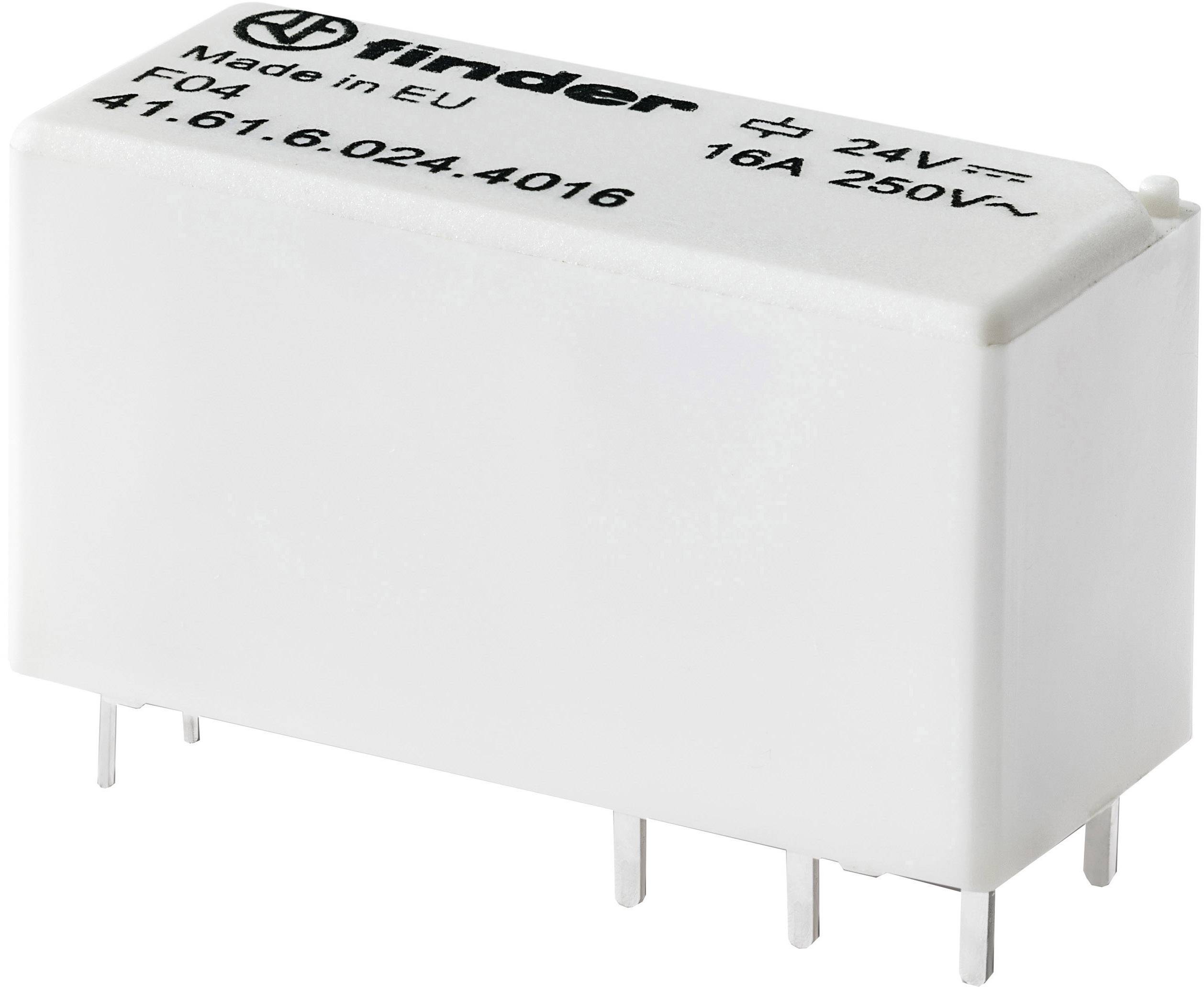 Ein weißes, rechteckiges Relais mit Metallpins, Aufschrift: 'Made in EU', 24V, 16A 250V~. Modellnummer: 41.61.6.024.4016.