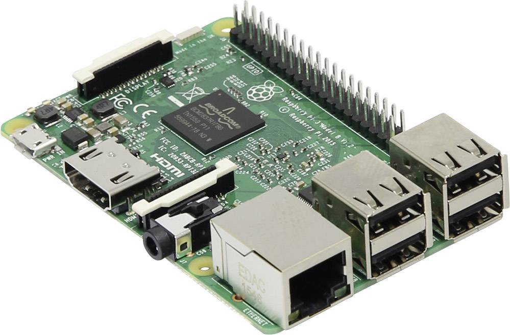 Eine Raspberry Pi Platine mit mehreren USB-Anschlüssen, einem HDMI-Ausgang und Ethernet-Anschluss.