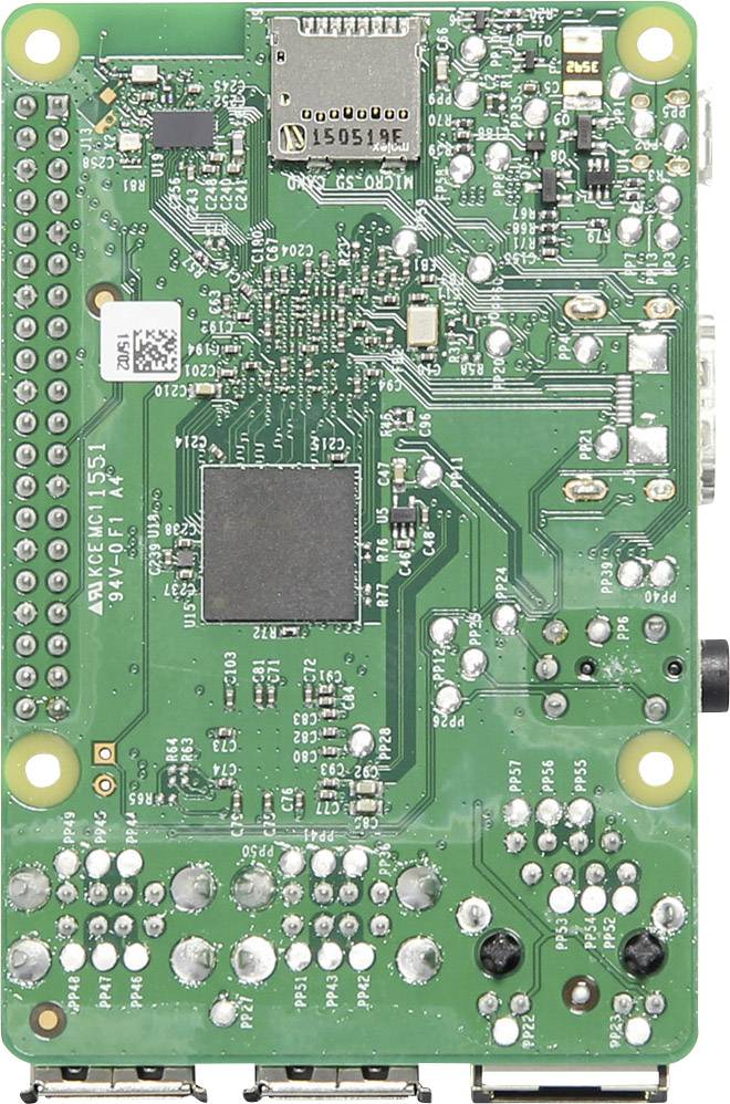 Elektronikplatine mit verschiedenen Schaltkreisen, Chips und Anschlüssen, oft verwendet in kleinen Computerprojekten und DIY-Elektronik.