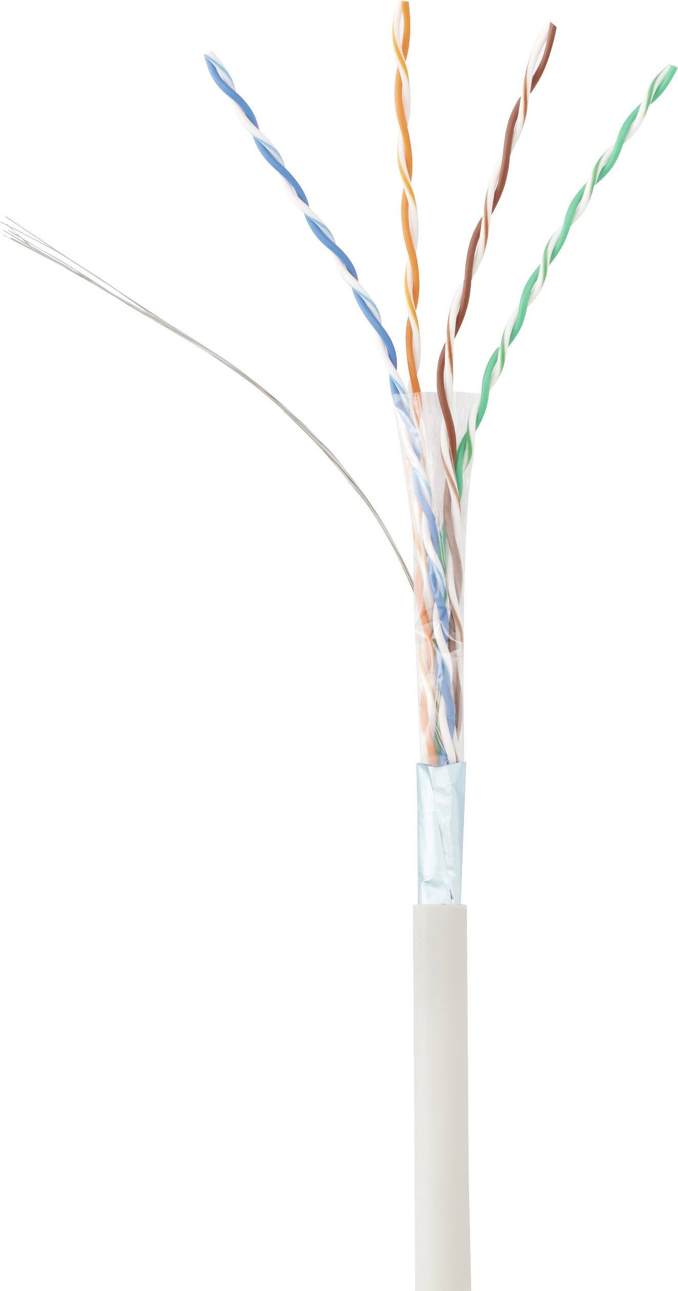 Ein freiliegendes Kabel mit vier verdrillten Kabelpaaren in unterschiedlichen Farben: blau, orange, braun und grün.