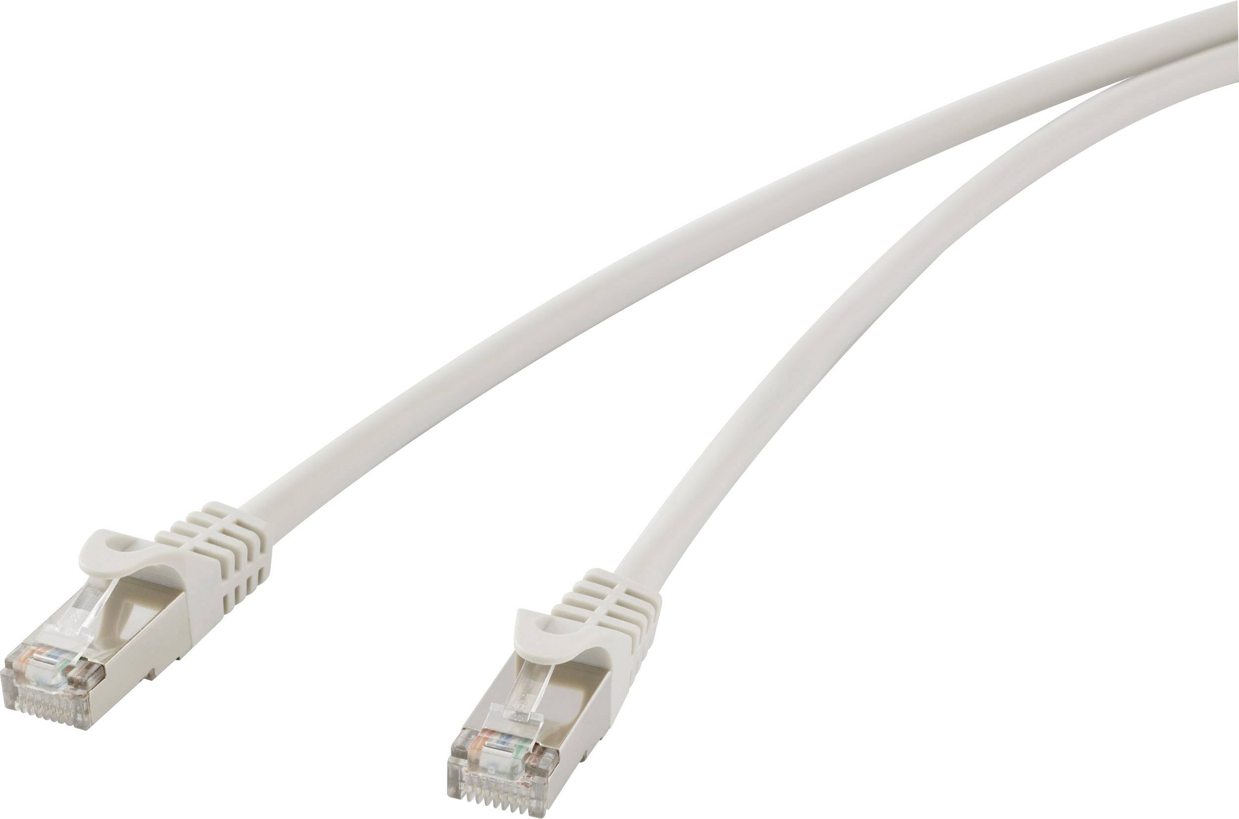 Zwei weiße Ethernet-Kabel mit RJ-45-Steckern auf weißem Hintergrund.