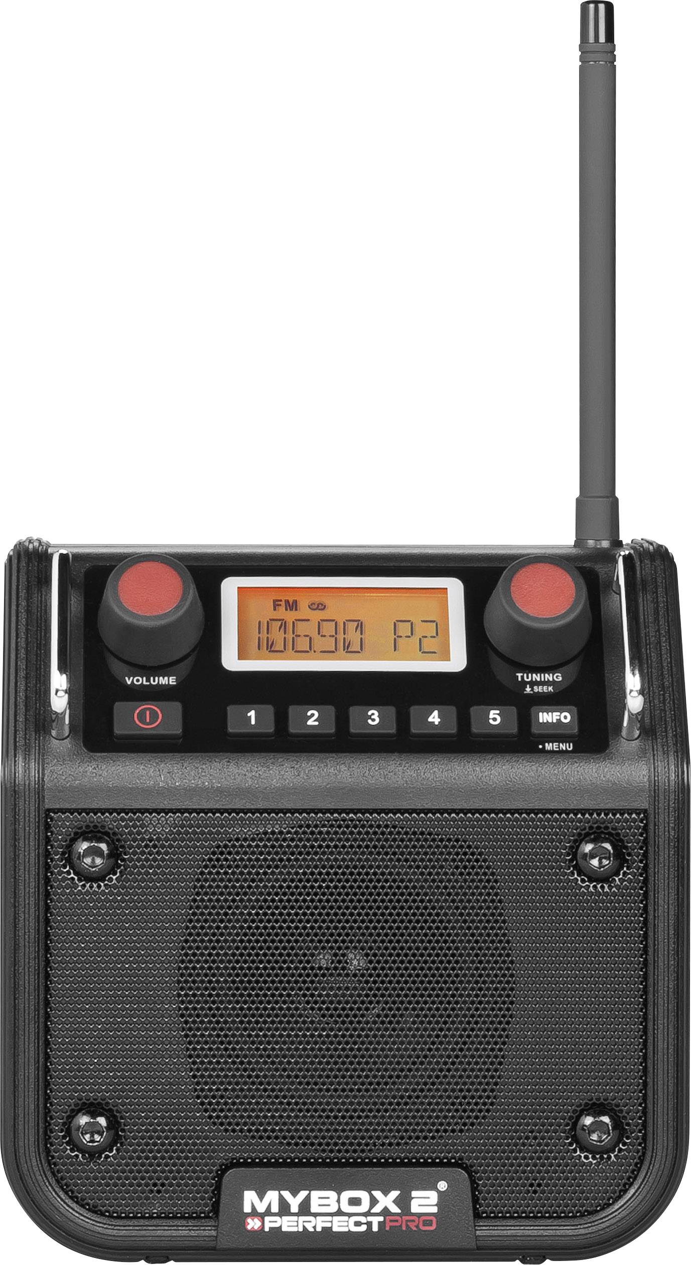 PerfectPro Mybox 2 Baustellenradio UKW AUX spritzwassergeschützt, staubdicht, stoßfest Schwarz