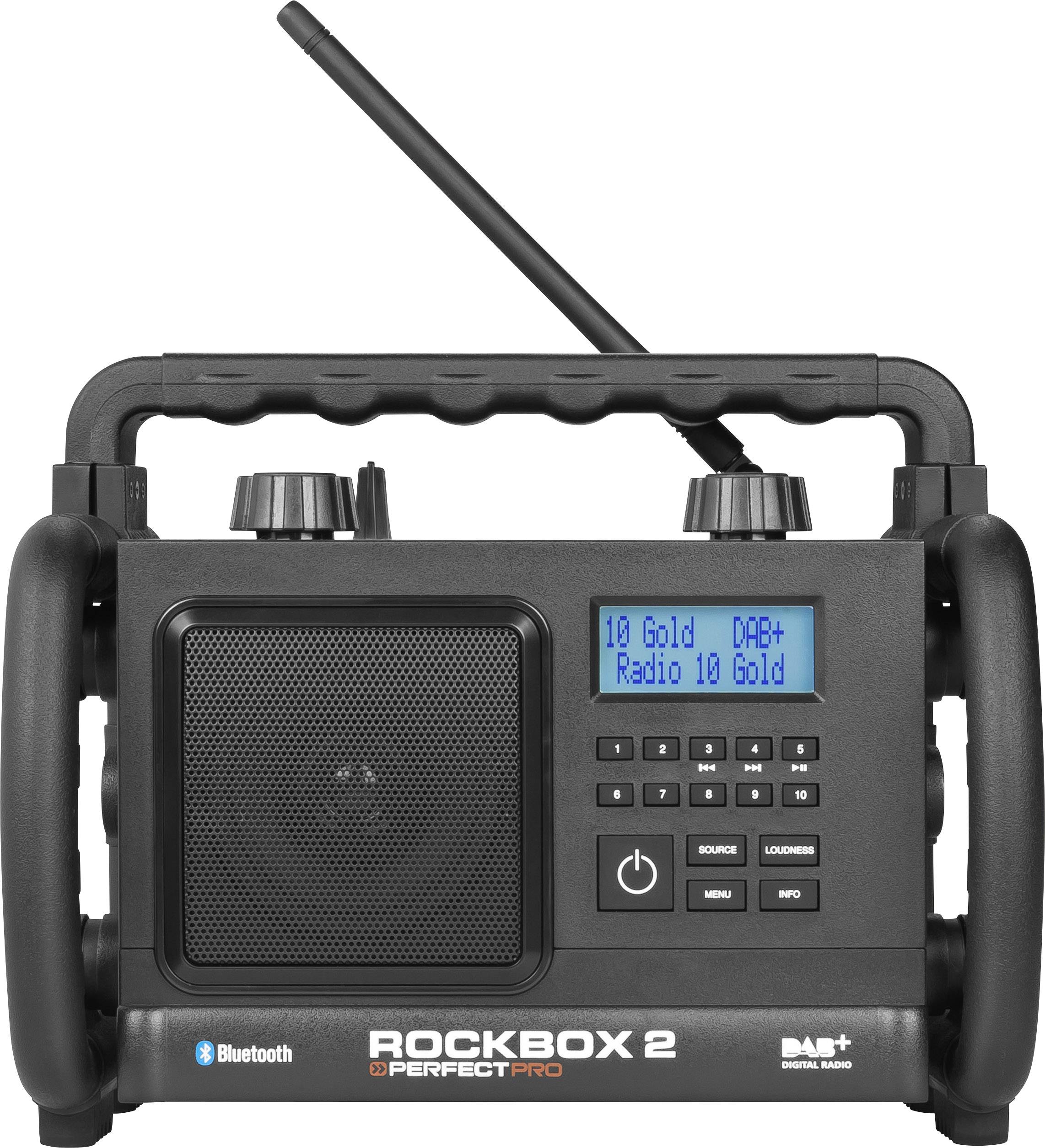 PerfectPro Rockbox 2 Baustellenradio DAB+, UKW AUX, Bluetooth® spritzwassergeschützt, staubdicht, stoßfest Schwarz