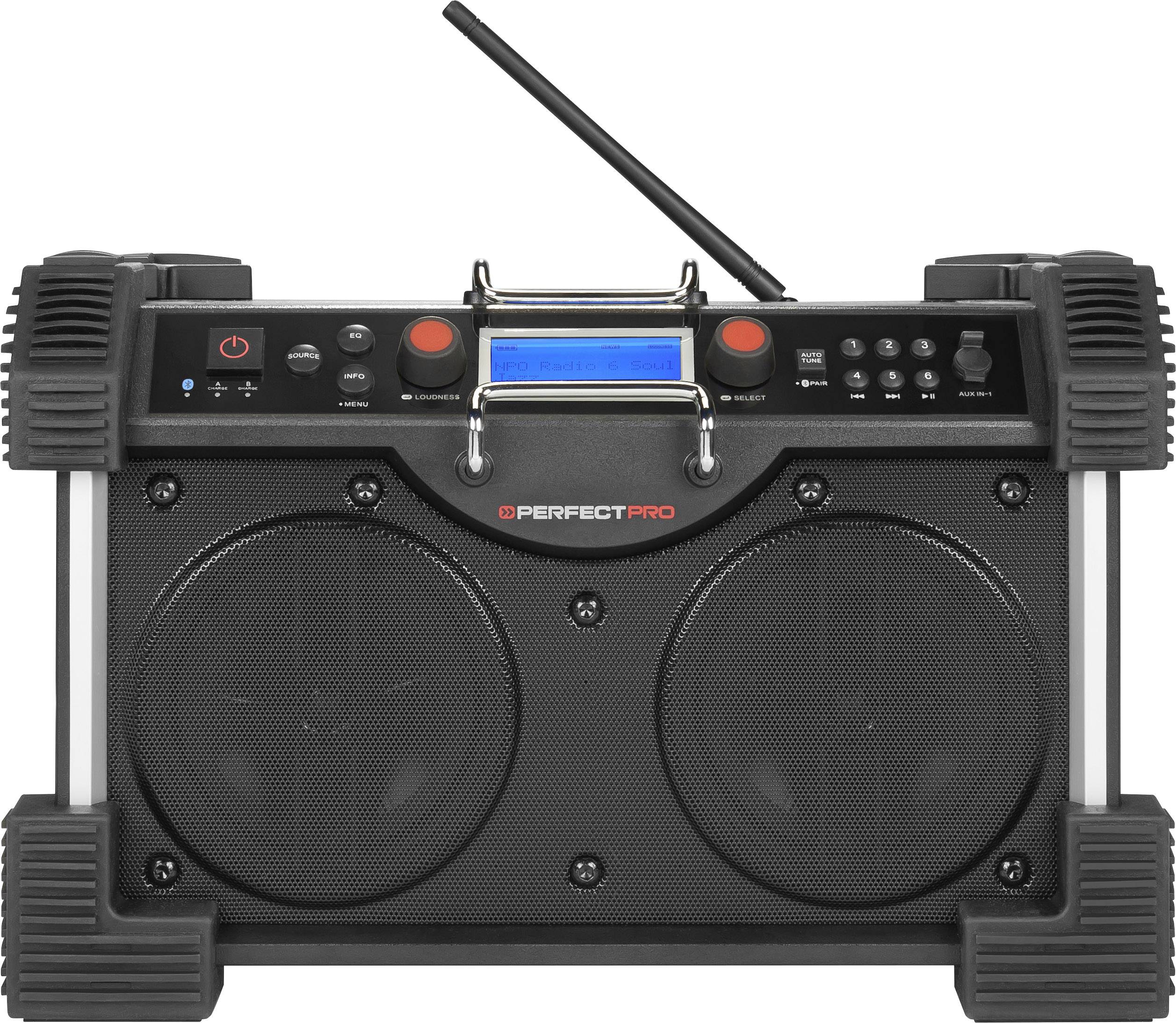 PerfectPro Rockhart BT Baustellenradio DAB+, UKW AUX, Bluetooth®  Akku-Ladefunktion, spritzwassergeschützt, staubdicht, stoßfest, wiederaufladbar S