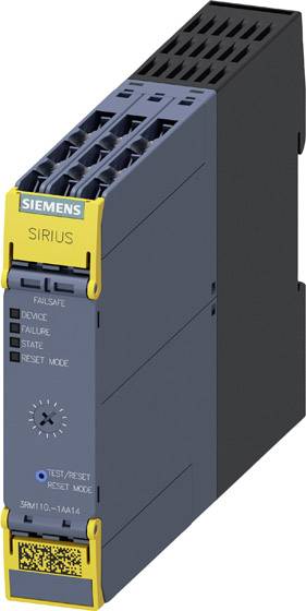Sicherheitsrelais von Siemens aus der Sirius-Reihe, abgebildet in einem grauen Gehäuse mit gelben Details.