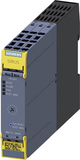 Ein graues Sicherheitsrelais-Modul mit gelben Akzenten. Beschriftet mit 'SIRIUS'. Oben: 'DEVICE', 'FAILURE'. Unten: 'TEST/RESET'.