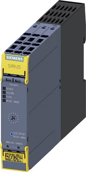 Industrie-Komponente 'Siemens SIRIUS' Relaismodul, grau mit gelben Akzenten, zeigt Test/Reset-Modus, geeignet für Automatisierung.