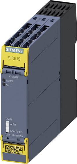 Industrieautomatisierung: Siemens SIRIUS Sicherheitssteuerung, dunkelgrau, gelb markiert, mit Schaltern für 'F3K1111-1AW20'.