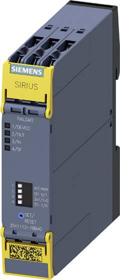 Siemens SIRIUS Sicherheitsrelais; kompakt, blau-gelb, Anschlussklemmen oben, Anzeige für Betrieb, Reset-Schalter unten.