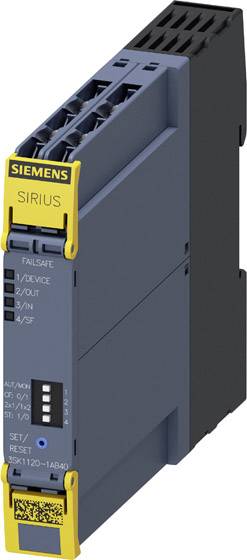 Ein Siemens SIRIUS Sicherheitsrelais-Modul, grau, mit gelber Front, zeigt Anschlussklemmen und reduzierte Sicherheitsfunktionen.
