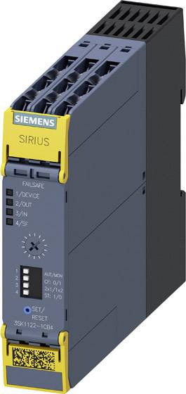 Ein graues Siemens SIRIUS Sicherheitsmodul mit gelber Frontblende, mehreren Anschlussklemmen und Schalter für SET/RESET.