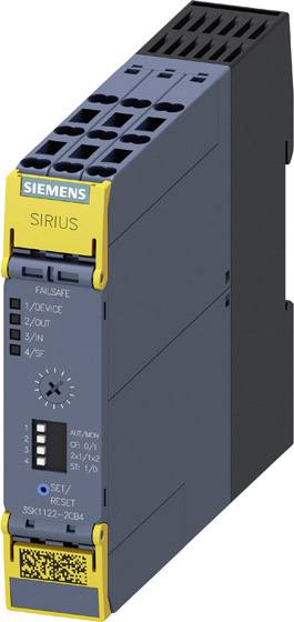 Ein Siemens Sirius Sicherheitsrelais in grauem Gehäuse, mit Beschriftung und gelben Markierungen oben und unten.