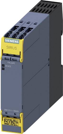 Ein graues und schwarzes elektronisches Sicherheitsrelais-Modul mit einem gelben Abschnitt. Darauf steht 'SIEMENS SIRIUS'.