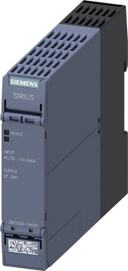 Ein graues elektronisches Gerät von Siemens mit Beschriftung 'SIRIUS', zeigt Eingangs- (AC/DC 110–240V) und Ausgangsspannung (DC 24V).