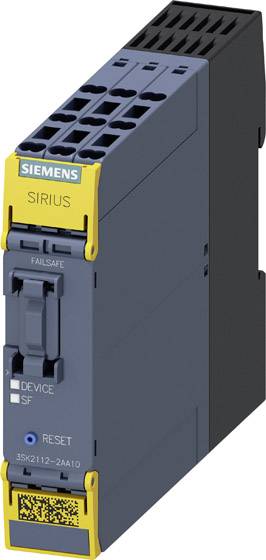 Ein graues Industrieelektronikmodul von Siemens mit gelber Beschriftung 'SIRIUS', einschließlich eines Reset-Schalters und mehrerer Lüftungsschlitze.