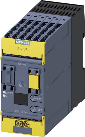 Ein Siemens Sirius Sicherheitsschalter in Nahaufnahme, mit mehreren Anschlüssen und Bedienelementen, gelbe und graue Farbtöne.