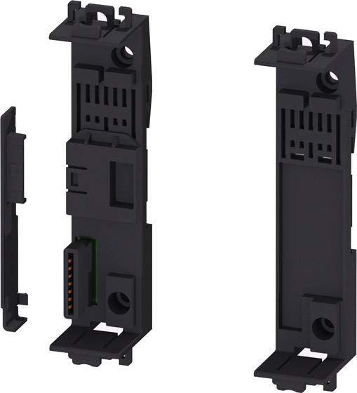 Elektronische Komponente aus schwarzem Kunststoff in zwei Teilen gezeigt, vermutlich Teil eines Gehäuses oder einer Halterung, mit Steckerkontakten sichtbar.