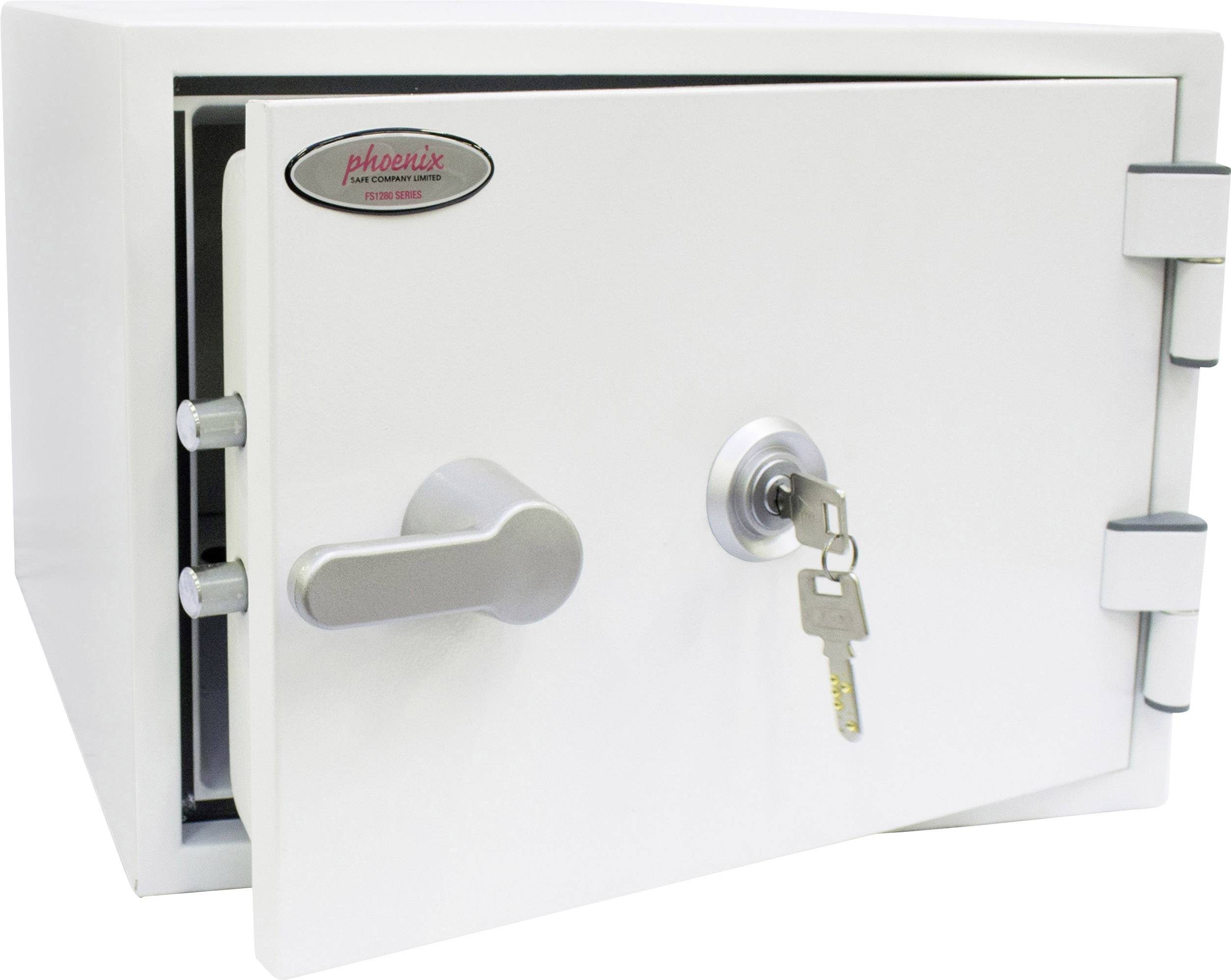Ein weißer Tresor mit geöffneter Tür. Ein Schlüssel steckt im Schloss, und die Marke 'Phoenix' ist sichtbar auf der Vorderseite.