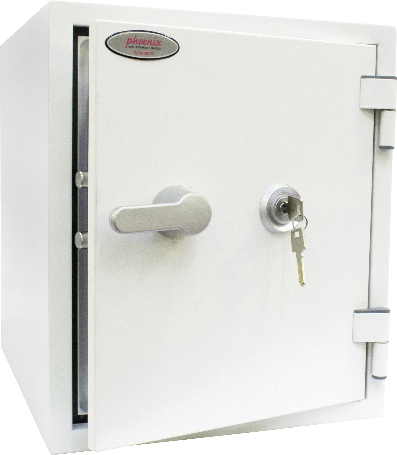 Ein weißer Tresor mit einem Hebelgriff und einem Schlüsselloch, in dem ein Schlüssel steckt.