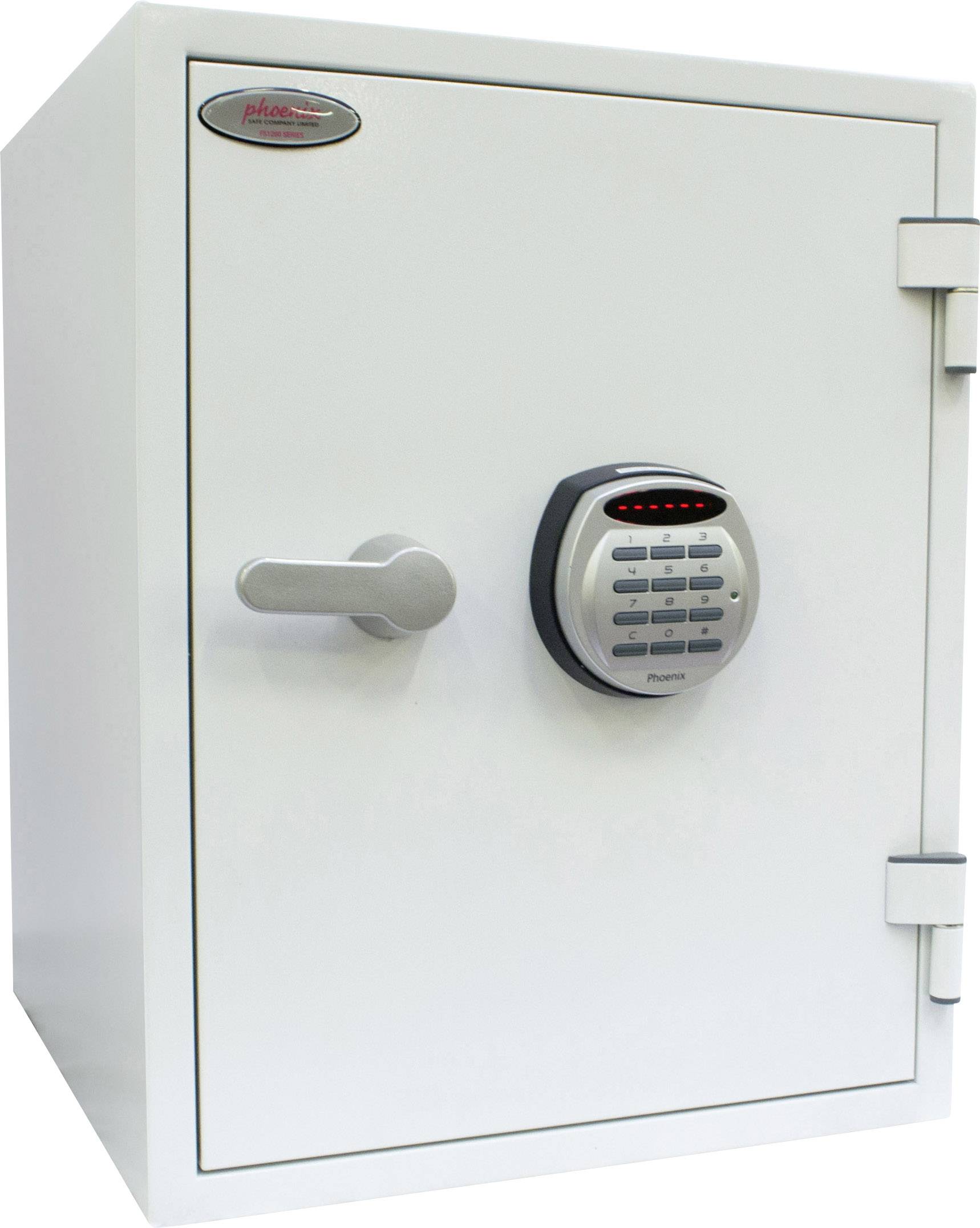 Ein weißer Tresor mit elektronischem Zahlenschloss und Drehgriff an der Vorderseite. Er steht aufrecht und ist geschlossen.