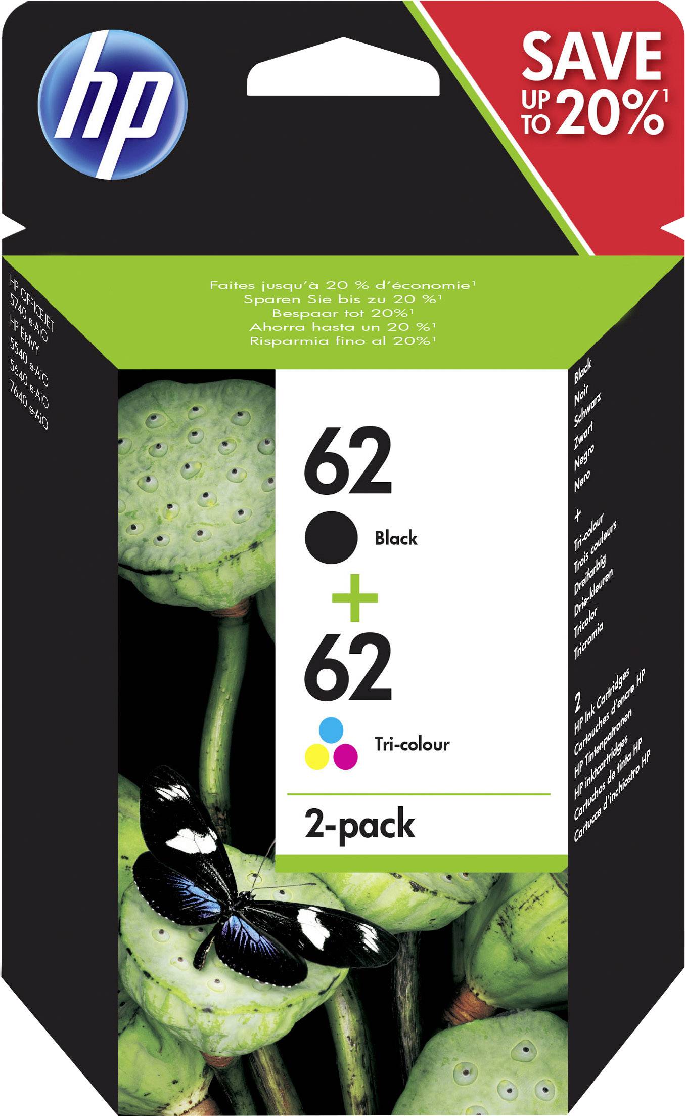 Eine Verpackung mit HP-Druckerpatronen, Typ 62, bestehend aus einer schwarzen und einer dreifarbigen Patrone, mit Rabattangebot oben rechts.