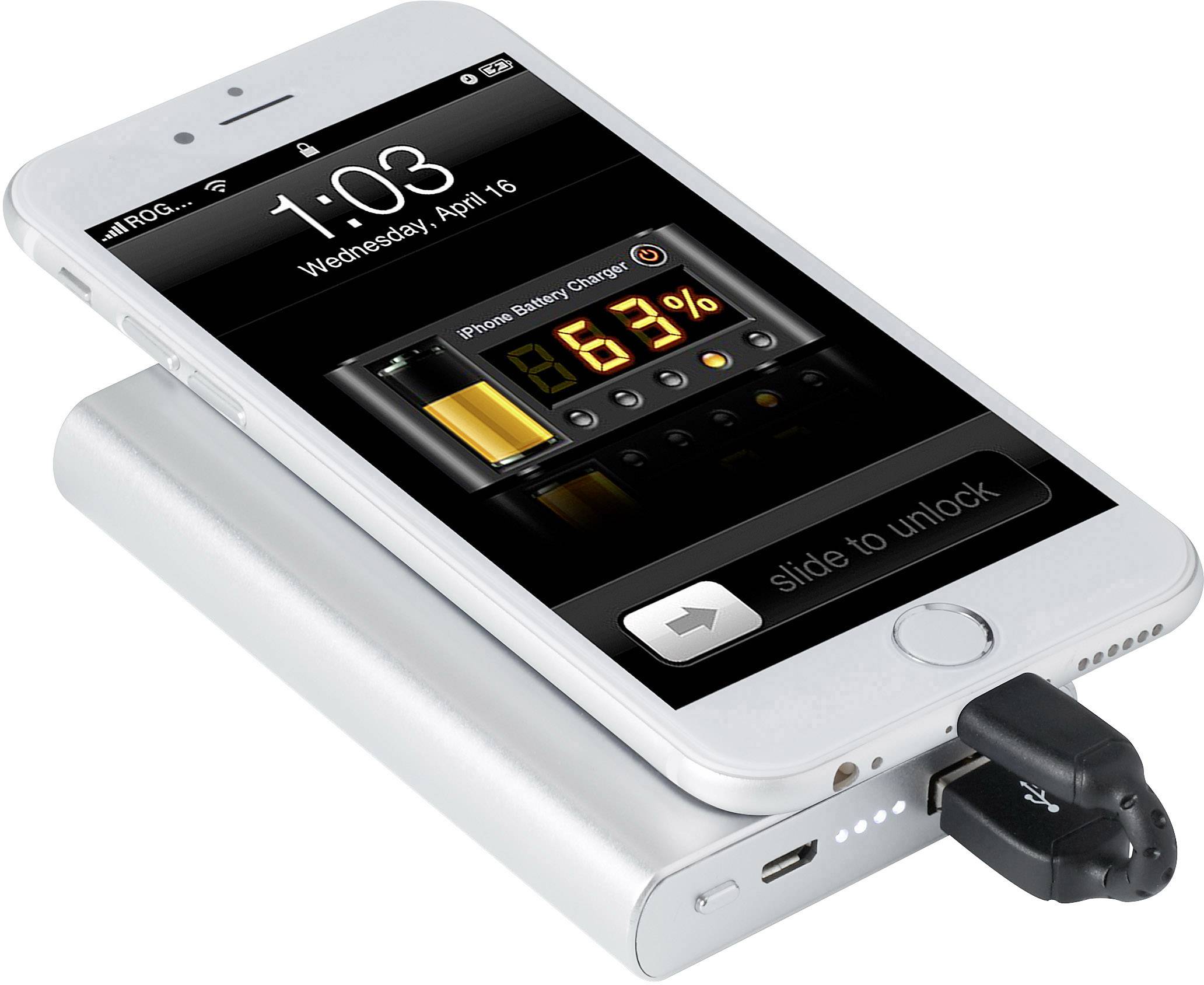 Ein Smartphone liegt auf einer Powerbank und zeigt einen Akkuladestand von 63 % an. Das Display zeigt 'slide to unlock'.