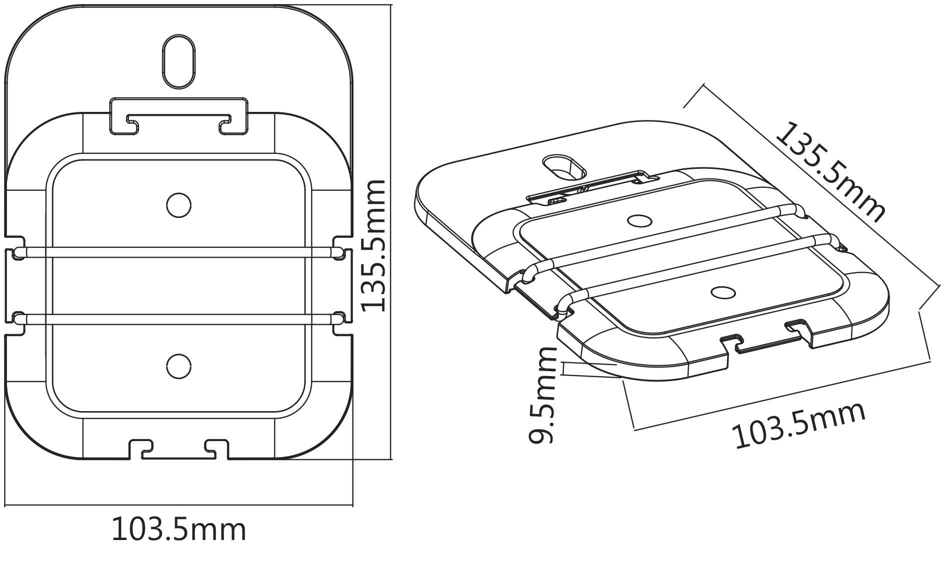 Technische Zeichnung eines rechteckigen Kunststoffgehäuses mit Abmessungen: 103,5 x 135,5 mm, 9,5 mm dick.