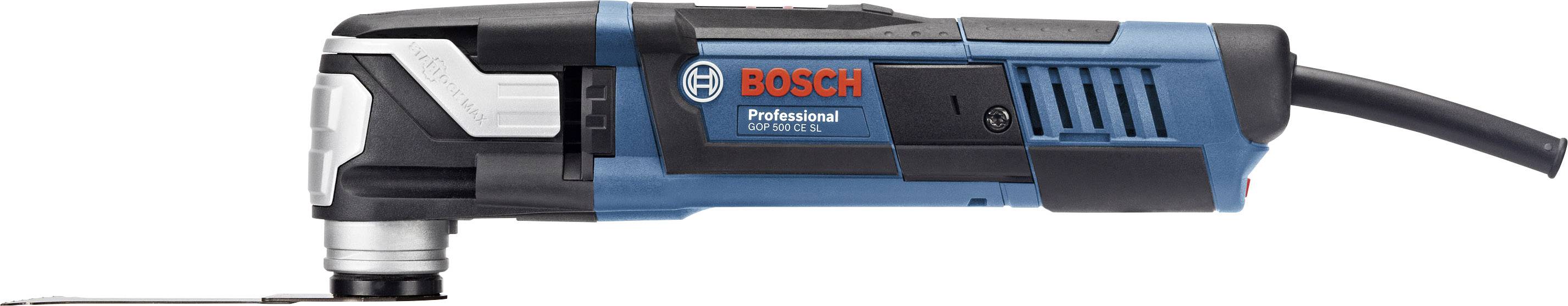 Ein blau-schwarzes Bosch Elektrowerkzeug mit Kabel, wahrscheinlich ein Multifunktionswerkzeug, vor einem weißen Hintergrund.