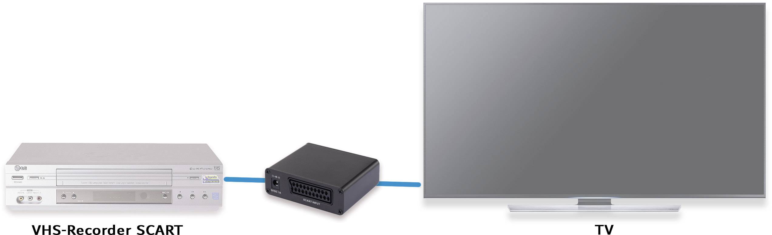 'VHS-Recorder SCART' ist mit einem TV über ein schwarzes Adapterkabel verbunden.