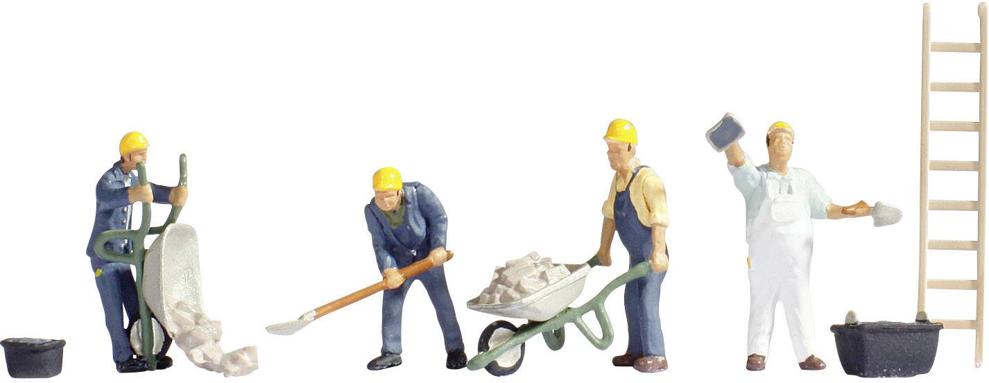 Vier Miniaturfiguren in Arbeitskleidung, die beim Bau helfen: eine mit Schubkarre, eine mit Schaufel, eine mit Ziegeln, eine mit Kelle.