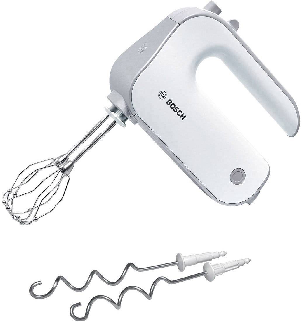 Ein weißer Handmixer mit einem Schneebesenaufsatz, zusätzlich zwei Knethaken abgebildet. Ideal zum Mixen und Kneten von Teig.