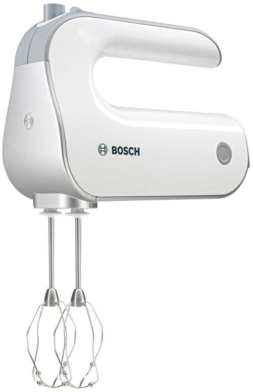Weißer Handmixer mit zwei Quirlen von Bosch, vor einem neutralen Hintergrund.