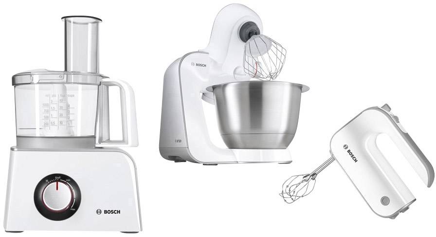 Drei Bosch-Küchengeräte: eine Küchenmaschine mit Messbecher, eine Rührmaschine mit Metall-Schüssel und ein Handmixer.