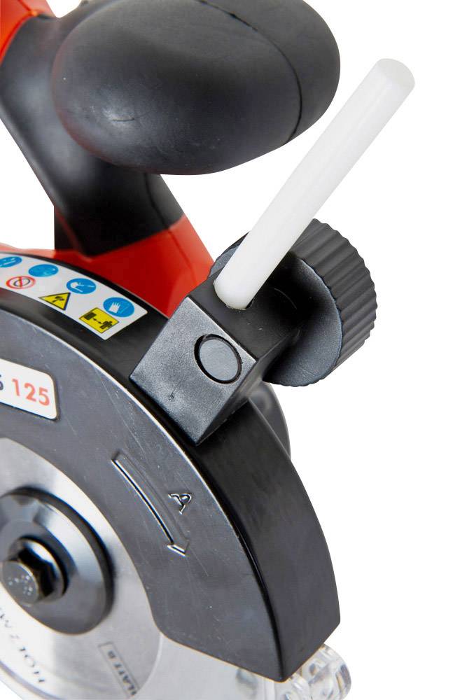 Eine Nahaufnahme eines handgeführten Elektrowerkzeugs mit einem runden Sägeblatt und einem Griff, geeignet für Schneidarbeiten.