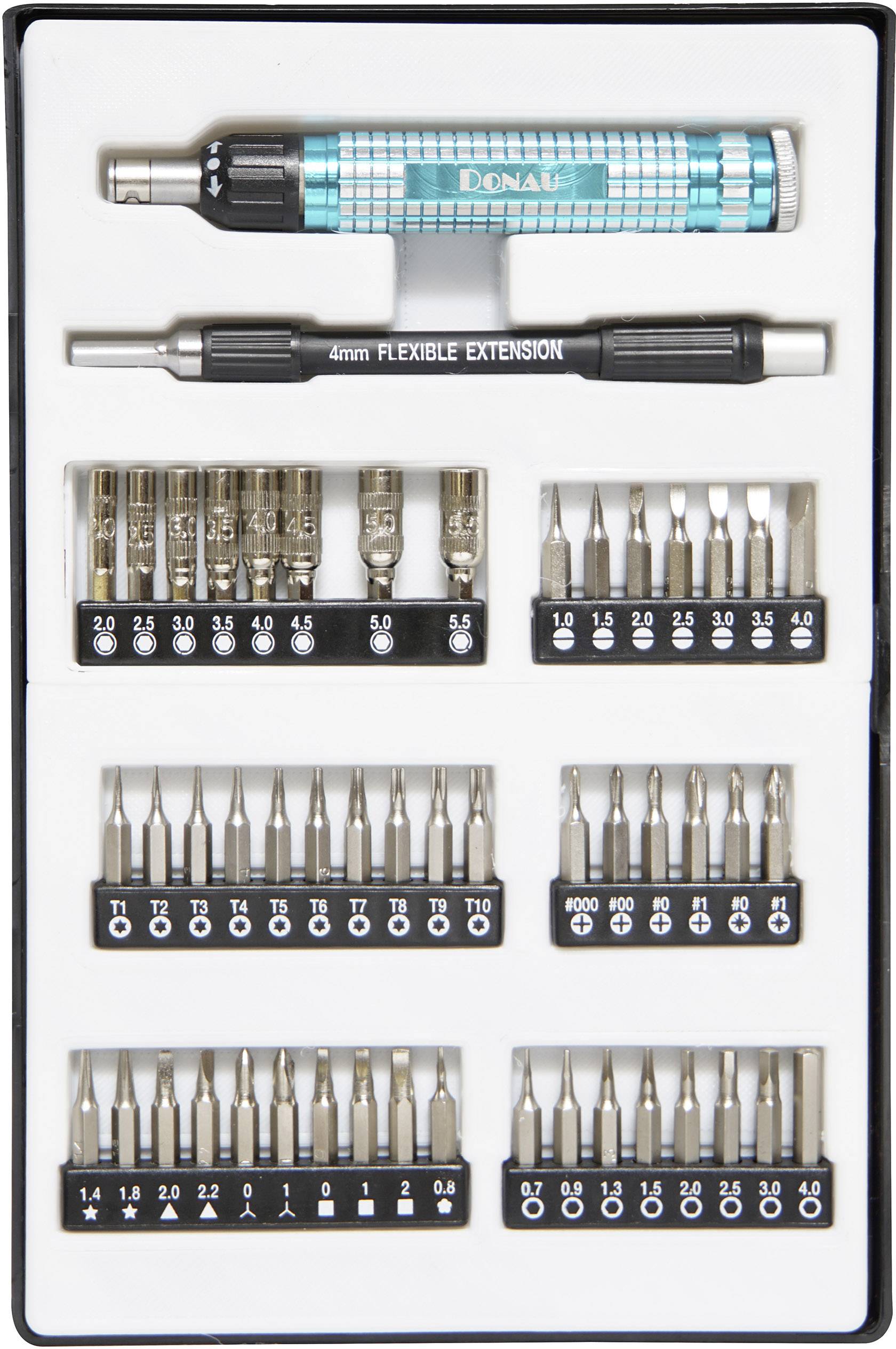 Elektroniker-Werkzeugset mit Schraubendrehern und Bits verschiedener Größen, flexibel für präzise Arbeiten, in Schaumstoffeinlage.