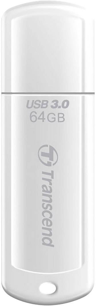 Weißer USB-Stick mit der Aufschrift '64GB USB 3.0 Transcend', geeignet für schnellen Datentransfer und Speichererweiterung.