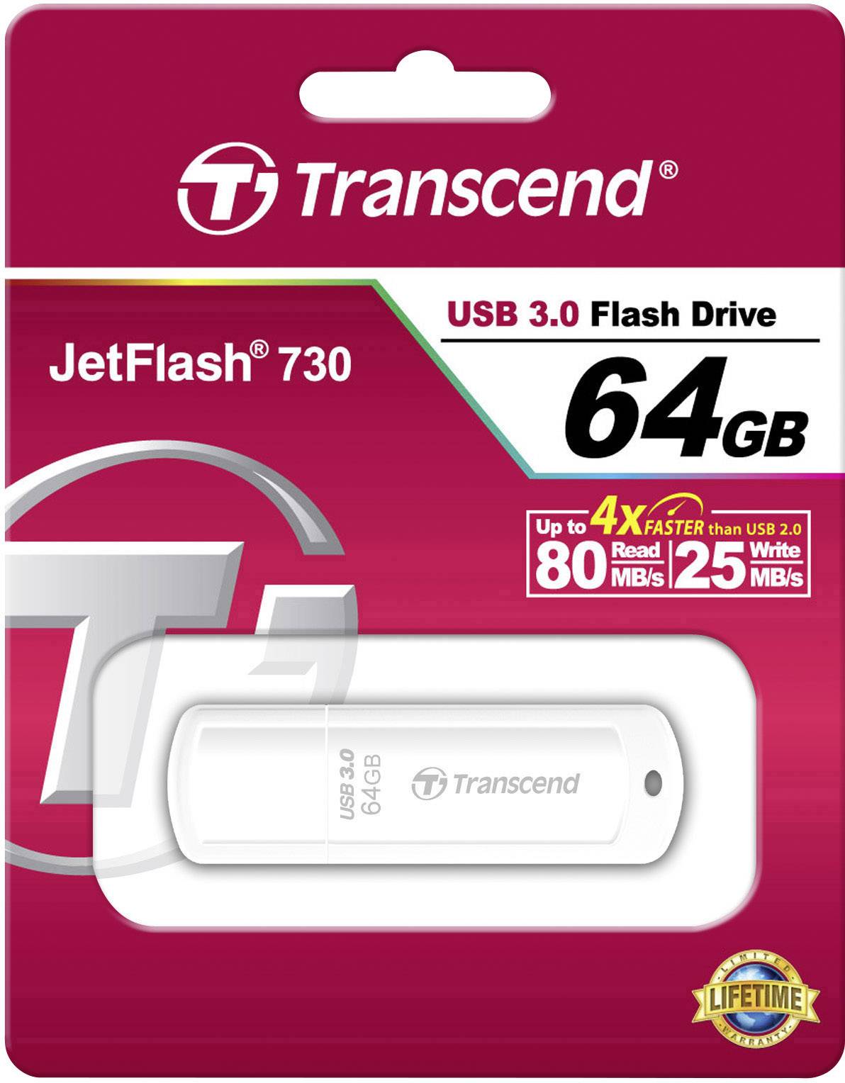 Transcend JetFlash 730 USB 3.0 Flash-Laufwerk, 64GB. Geschwindigkeiten: 80 MB/s Lesen, 25 MB/s Schreiben. Verpackung in Rot und Weiß.