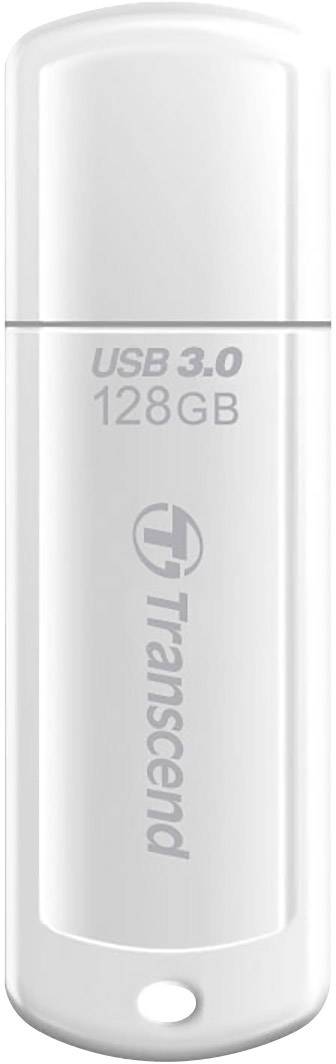 Ein weißer USB-Stick von Transcend mit 128 GB und USB 3.0-Kapazität.